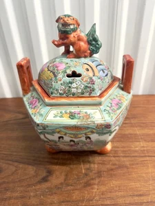 Antique Asian Porcelain Incense Burner With Foo Dog Lid - Picture 1 of 14