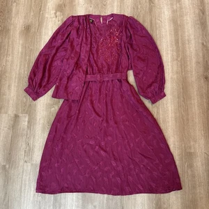 Vintage Thai Silk Jacquard Dress Leaf Sequin Belted Boho Cottagecore No Size Tag - Picture 1 of 24