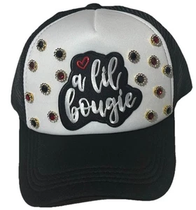 Custom Trucker Hat “A Lil Bougie” Black White Red Gemstone BLING Snapback - Picture 1 of 8