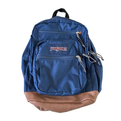 JanSport Blue Backpack with Brown Faux Leather Bottom - Classic School Bag - Image 1 of 4