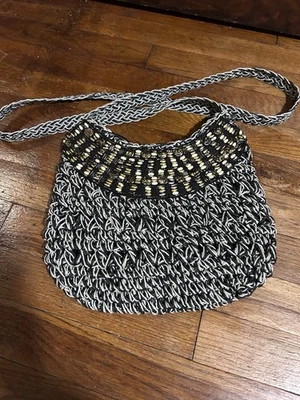 Sun N Sand Accesorios Bolso Crochet Cuentas Tejido Boho Negro/Dorado Estilo Vintage Foto 1 de 4