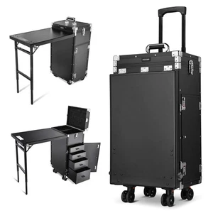 Byootique Rolling Makeup Train Case with Table Telescopic Handle Salon Nail - Picture 1 of 9