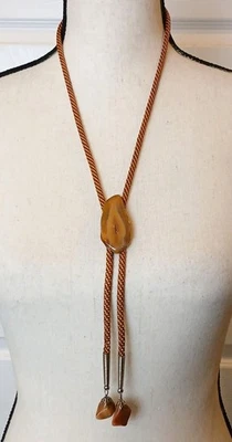 Collar de corbata vintage marrón ágata Bolo cordón trenzado tono plateado con puntas de piedra #J12 Foto 1 de 4