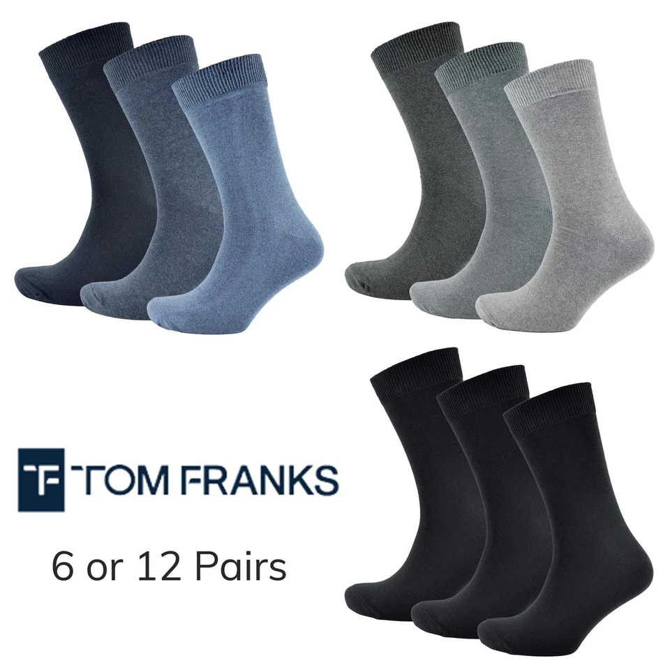TOM FRANKS Mens Cotton Rich Dress Socks Adults Everyday Breathable Sock (6 or 12 PAIRS)