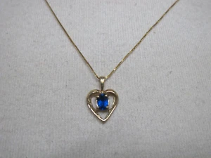 Blue SAPPHIRE 10k Yellow Gold Open HEART Pendant Chain Necklace - Picture 1 of 8