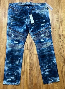 Rock Revival Moto Daviday Jeans Men's Size 40x30 Blue Tie Dye Zippers Stretch - Picture 1 of 10