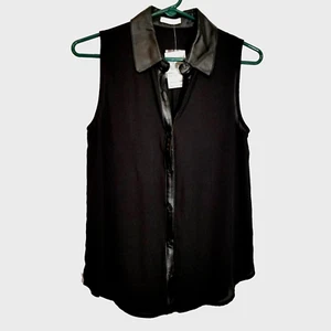 Soprano Top Women's Small Collared Black Sleeveless PU Leather Trim Lined New - Picture 1 of 6