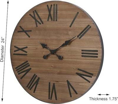 Large Wall Clock Silent Decor, 24 Inches Round Wooden Wall Clocks with Roman No - Image 1 of 4