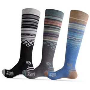 Ski Socks 2-Pack Merino Wool, Over The Calf Non-Slip Cuff Large Black+blue+grey - Picture 1 of 8
