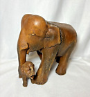 Hand Carved 9"  Wooden Elephant Mother & Baby Sculpture Figurine