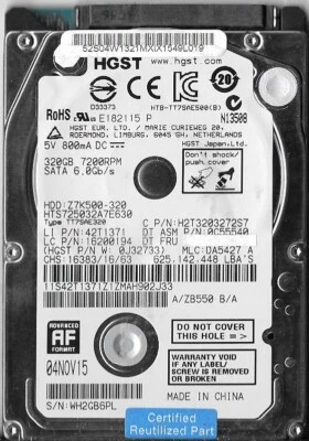 HGST HTS725032A7E630 320GB Sata Hard Drive P/N: 0J32733 MLC: DA5427 - Image 1 of 2