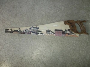 OLD COUNTRY TOWN PAINTING ON A SAW - Picture 1 of 2