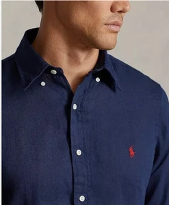 Ralph Lauren Navy Blue LINEN Classic Fit Long Sleeve Button-Up Shirt Men's XL - Picture 1 of 9