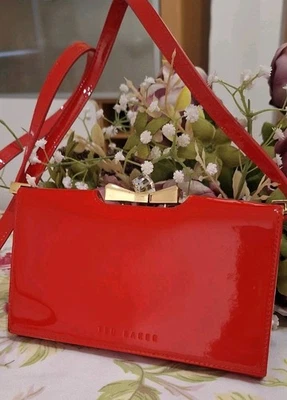 Ted Baker super stylish red patent small handbag, gold accents, floral lining  - Image 1 of 4