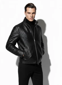 Chaqueta clásica de cuero genuino tejida a mano de piel de cordero Intrecciato para hombre - Imagen 1 de 9