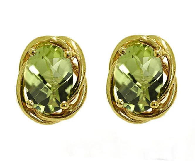E063 Genuine 9K or 18K Gold Natural Peridot 7x5mm Stud Earrings Filigree Knot - Image 1 of 1