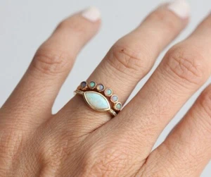ROSE GOLD OPAL RING SET, Opal & Diamond Ring with Matching Curved Band, 14k Gold - Picture 1 of 10