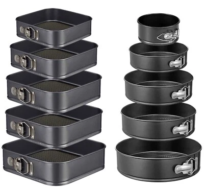 CRYSTALS CAKE TIN SET OF 5 ROUND SQUARE SET NON STICK SPRING FORM LOOSE BAKING