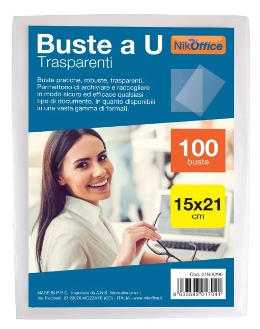 Buste Trasparenti a U Misura 15x21 Confezione da 100 Buste Nikoffice - Immagine 1 di 1