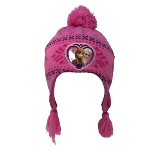 Disney Frozen Knit Pom Pom Beanie Hat Pink One Size Ear Flap Fair Isle - Picture 1 of 10