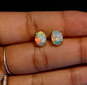 Genuine Fire Opal Oval Gemstone 925 Sterling Silver Women Simple Stud Earrings - Picture 1 of 2