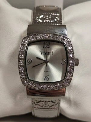 Reloj Vivani Tono Plata Cristal Acento Caja Cuadrada Bisagra Pulsera Banda Foto 1 de 4