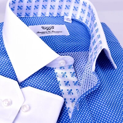 Camisa de vestir de negocios formal tejido de canasta azul para hombre azul Fluer-de-Lis puño con botones Foto 1 de 4