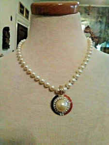 VINTAGE HALSKETTE GEKNOTETE PERLEN STRANG ROT BLK EMAILLE MABE PERLE PAVE ANHÄNGER - Bild 1 von 3