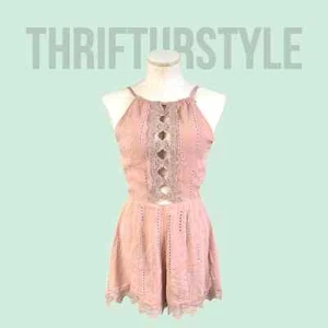 Blush Pink Lace Trim Romper Open Back Tie Spaghetti Strap Cute Casual - Picture 1 of 13
