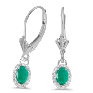 10k White Gold Oval Emerald And Diamond Leverback Earrings - Picture 1 of 3