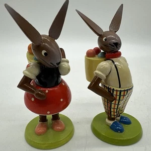 Vtg Franz Karl Erzgebirge Wooden Bunny Rabbit Figures Easter Egg Germany Set of2 - Picture 1 of 5