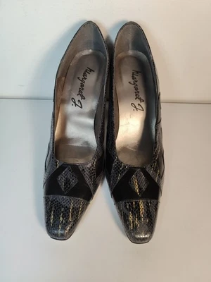 Zapatos De Colección Margaret Jerrold Talla 10M Negro Dorado Tacón Cubano Piel de Serpiente Geométricos Foto 1 de 4