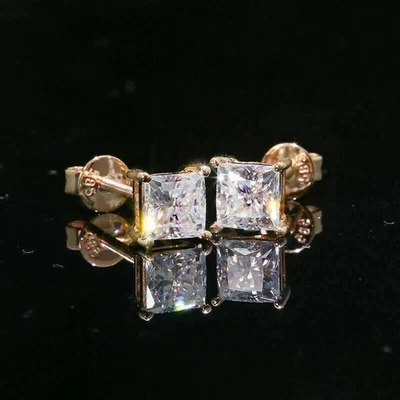 2Ct Lab Created Princess Cut Diamond Prong Stud Earrings 14K Yellow Gold Plated - Image 1 of 4