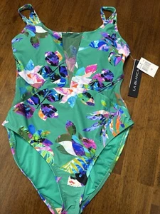 NEW NWT La Blanca Women's 12 Mesh Keyhole One Piece Swimsuit Green Floral Flower - Picture 1 of 1