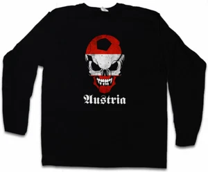 BLACK CLASSIC FOOTBALL AUSTRIA SKULL FLAG LANGARM T-SHIRT Fan Hooligan - Picture 1 of 1