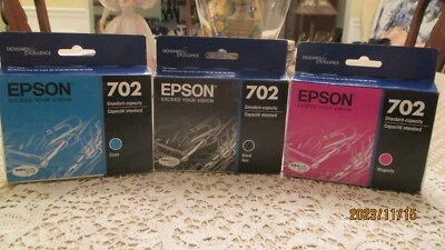 New In Box Epson 702 Dura Brite Ultra Cyan Magenta Black Ink Cartridges Exp.9-23 - Image 1 of 4
