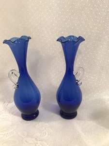 Cobalt Blue Art Glass w/ Ruffled Edges Oil & Vinegar Bottles Hand Blown Glass - Bild 1 von 11