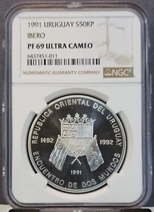 1991 URUGUAY SILVER 50000 PESOS S50KP IBERO NGC PF 69 ULTRA CAMEO RARE TOP POP - Picture 1 of 3