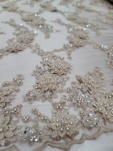Champagne Beige Lace Beaded Embroidery Sequin 3d Floral Lace Fabric By The Yard 