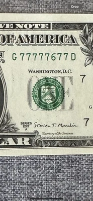 Fancy $1 Almost Solid 77777677 UncirculatedSeven 7’sone6 Binary Chicago District - Image 1 of 2