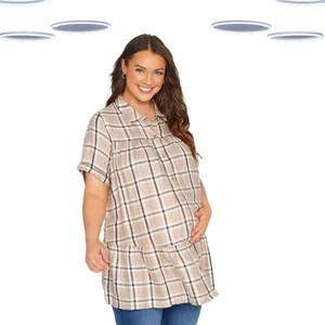Ex Women's Maternity Plus Size Check Print Tiered Shirt in Beige (Defect) - Picture 1 of 1