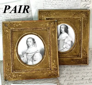 PAIR Antique French Gilded Wood Picture Frames with Intaglio Prints of 18c Royal - Picture 1 of 16