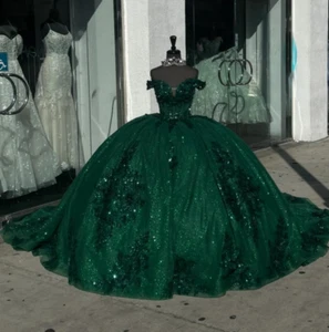 Abiti da ballo scintillanti verde scuro principessa quinceanera spalle scoperte sera - Foto 1 di 9