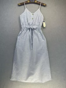 Japna Dress Tie Front Ruffle Waist Blue White Stripe Strap Womens Size XS NWT - Picture 1 of 12