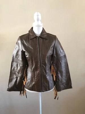 CHAQUETA RAMPAGE CUERO WESTERN/BOHO FLECOS CREMALLERA~MARRÓN~PEQUEÑA~NUEVA SIN ETIQUETAS~¡TAN ÚNICA! Foto 1 de 4