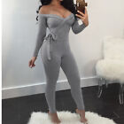 Women Knitted Jumpsuit Bodycon Off Shoulder Long Sleeves Romper Playsuit Leotard