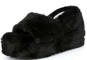 Steve Madden Vito Black Slip On Rounded Open Toe Platform Fur Fashion Slipper - Picture 1 of 6