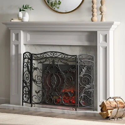 Waterbury Traditional Iron Fireplace Screen, Silver on Black - Image 1 of 4