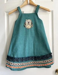 Girl's wrap around jumper, handmade, size 5/6, green denim, owls and ribbon trim - Picture 1 of 5