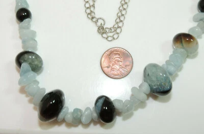 Collana In Argento Con Filo Di Perle In Pietra Quarzo Blu Nero 24" Cm 16 - Immagine 1 di 4